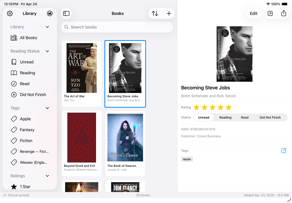 Alcove for iPad — three-column layout with sidebar filters, book grid, and detail panel showing Becoming Steve Jobs