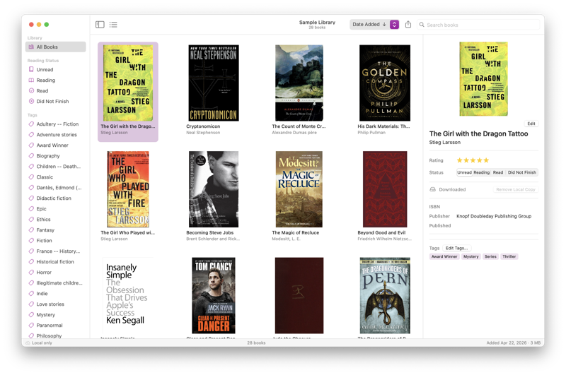 Alcove for Mac — library grid view showing book covers, sidebar filters, and detail panel