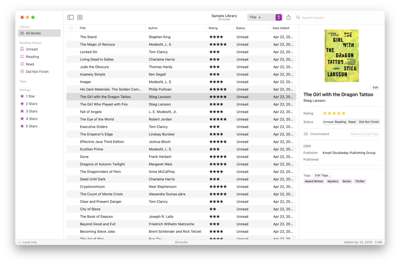 Alcove for Mac — list view with sortable columns showing title, author, rating, status, and date